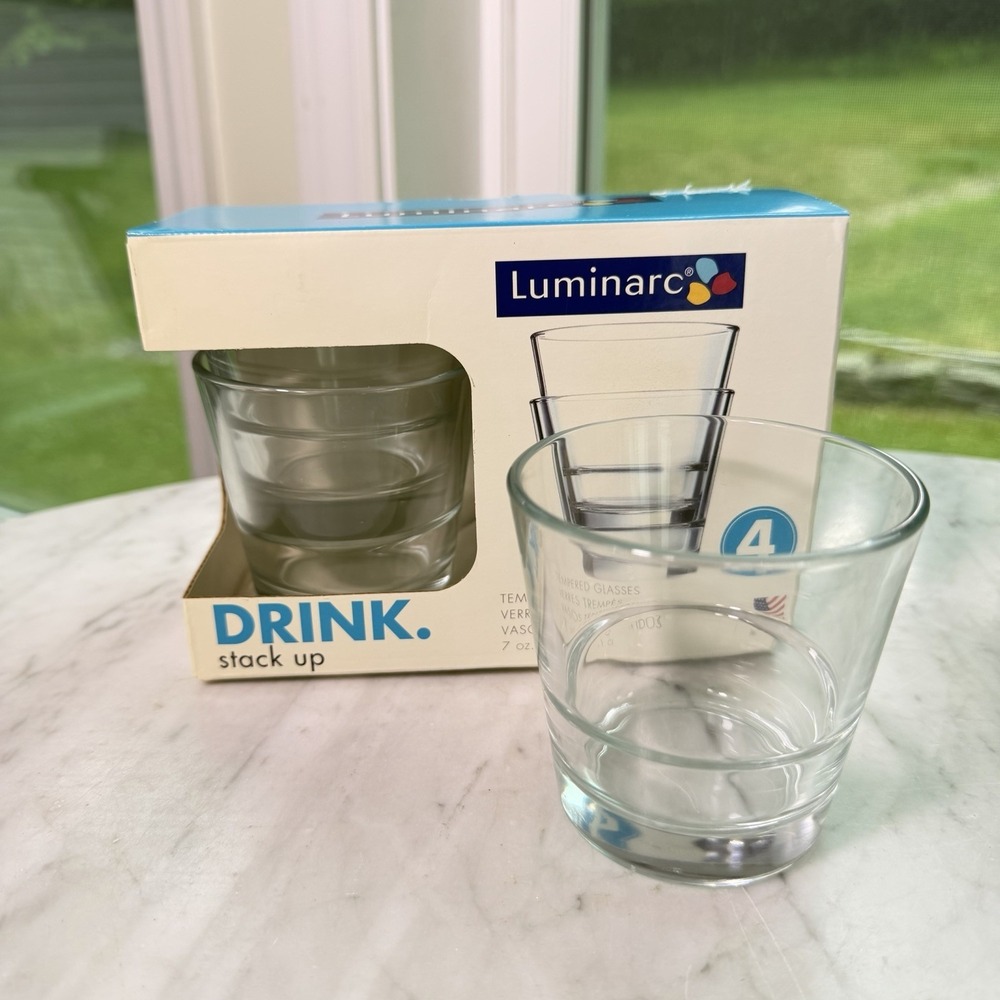 Luminarc Stack Up 7oz‎ Glasses Set of 4 NIB Made in USA Old Stock H9763 Tempered